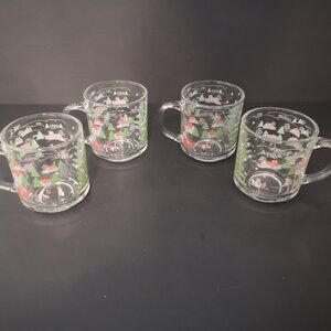 Vintage Kig Indonesia Set of 4 Clear Glass Christmas Scene Mugs w/ Handles